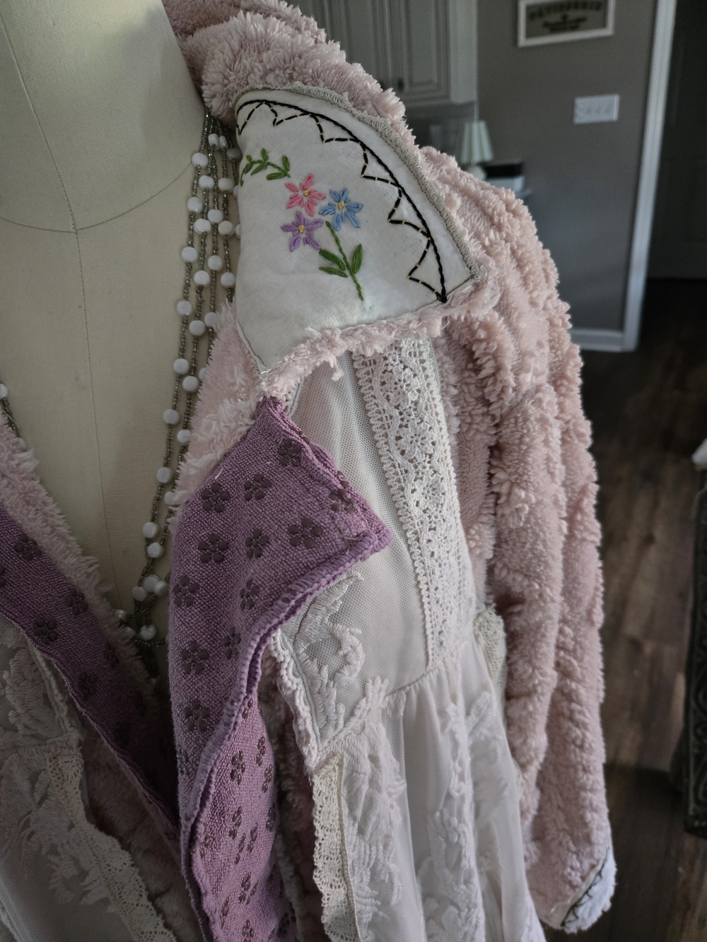 Boho Pink Textured Shag Jacket with Embroidered Collar